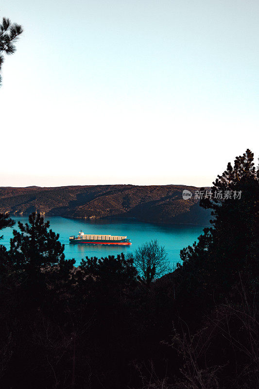 博斯普鲁斯，农村地方，高角度视图，伊斯坦布尔- Sarıyer- Yeniköy，集装箱船